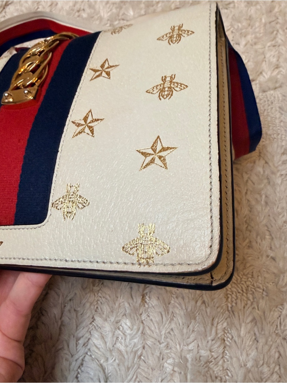Gucci Sylvie Crossbody with Gold Star & Bee and Red-Blue Stripe strap - Picture 13 of 16